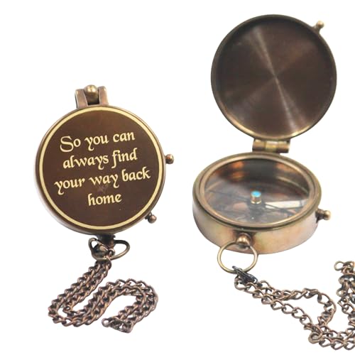 Brújula de latón antigua de 2 pulgadas con estuche de cuero - grabada con frase inspiradora miniatura 1