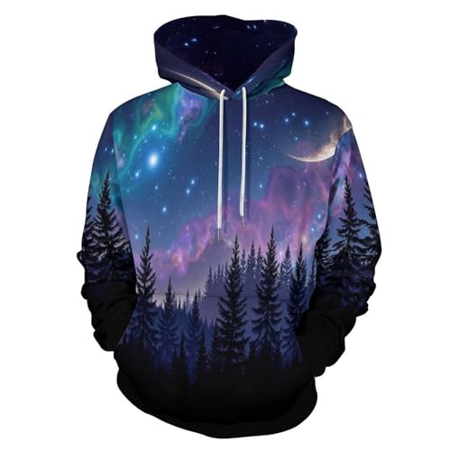 Sweat à capuche imprimé silhouette de forêt pull crewneck manches longues