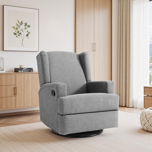 Image of Swivel Rocker Recliner Chair, 360 Swivel Wingback Recliner Chairs for Adults, Upholstered Glider Rocking Chair with High Back, Deep Seat for Living Romm Bedroom, Cotton Linen, Light Gray