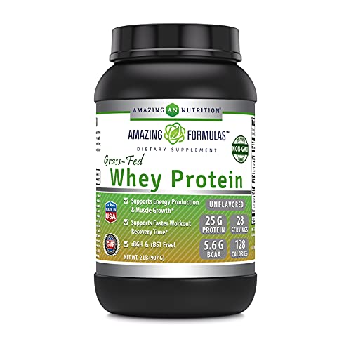 Amazing Formulas Grass FED Whey Protein (Non-GMO, Gluten Free) -Made with Natural Sweetener and Flavor - rBGH & RBST Free -Supports Energy Production & Muscle Growth (Unflavored, 2 Lb)