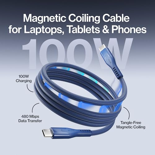 Image of Statik MagStack Pro USB C to USB C Coiling Magnetic Charging Cable,100W | Nylon Braided Tangle-Free Design, Magnetic Coiling, Data Transfer, Compatible with iPhone & Android, 6FT Navy, 3 Pack