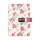 Floral Password Diary with Lock, A5 Refillable Notebook, 224 Pages PU Leather Notebooks, Password Locked Journal for Women & Teen, Floral Secret Journal for Office Travel (Red)