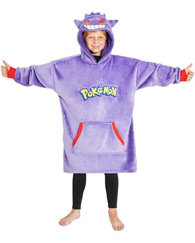 Pokemon Sudadera con Capucha Niños Oversized, Pikachu Anime Sudaderas Poncho Bolsillo Canguro Suave y Cálida, Ropa de Invierno (Morado Gengar)