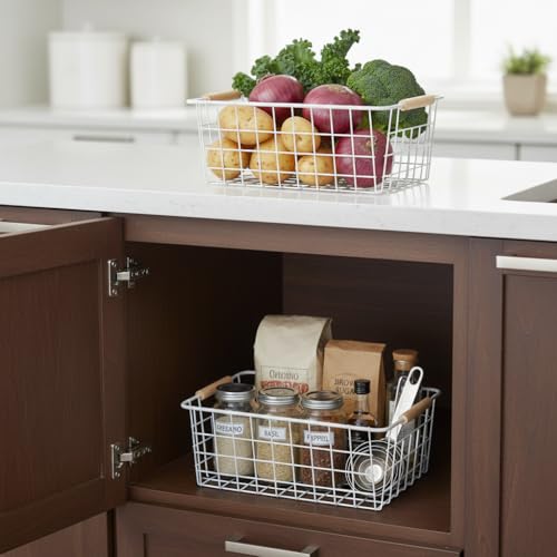 White-Metal-Wire-Food-Storage-Basket-with-Wooden-Handles-for-Organizing-Snack-BasketPantry-Organizers-and-Storage-for-Kitchen-Cabinets-4-Pack-Medium