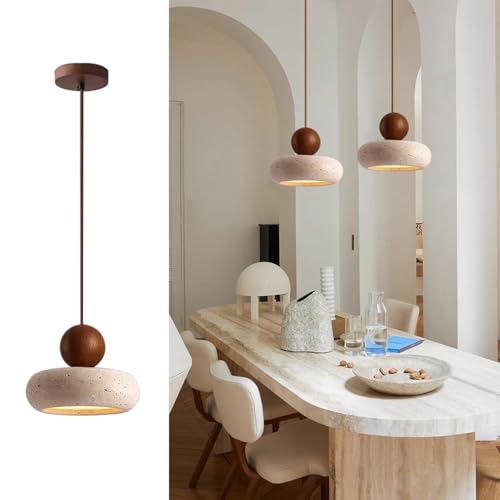 Lámpara colgante japonesa Wabi-Sabi con pantalla redonda vintage de piedra natural, altura ajustable, LED regulable, para isla de cocina, comedor, salón, mesilla de noche, pasillo (Color Nogal)