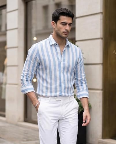 Image of IndoPrimo Men's Striped Cotton Shirt | Slim Fit Stylish Casual Shirt for Man | Full Sleeve Summer Wear Vertical Stripe Shirt for Office, Vacation