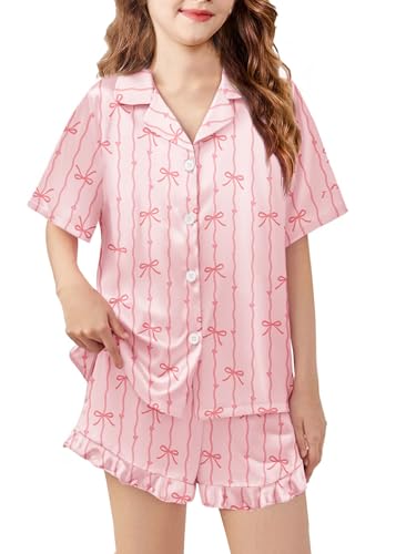 Image of Arshiner Girls Pajamas Silk Satin Pajama Set Button Pjs Ruffle Sleepwear | 2 Piece Nightwear, Silky Soft Lounge for Little & Big Kids, Ideal for Sleeping and Sleepover Party