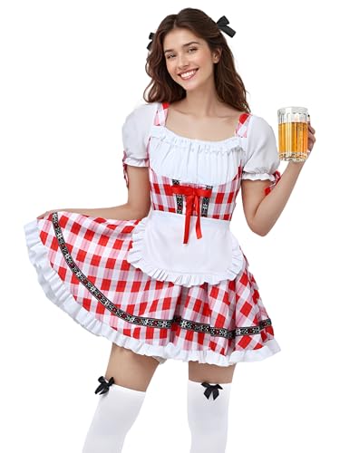 SOMSOC Women's Oktoberfest Costume German Bavarian Costume Outfit Dirndl Dress Bow Hair Ties for Oktoberfest Halloween Party