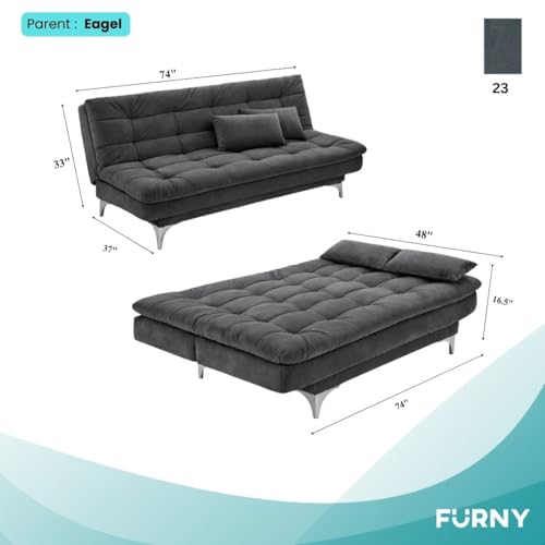 Image of FURNY Eagel 3 Seater Fabric Sofa Cum Bed with 2 Cushions (Dark Grey) Premium Velvet Fabric | Durable with Comfort | Perfect for Living Room, Bedrooms, Offices