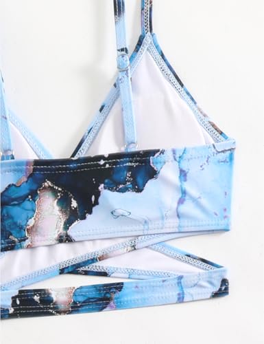 KORADI Girls Swimsuit 3 Pieces V-Neck Bikini Set Printed Cross Front Bathing Suit Drawstring Cover Up Skirt 8-12 Years4