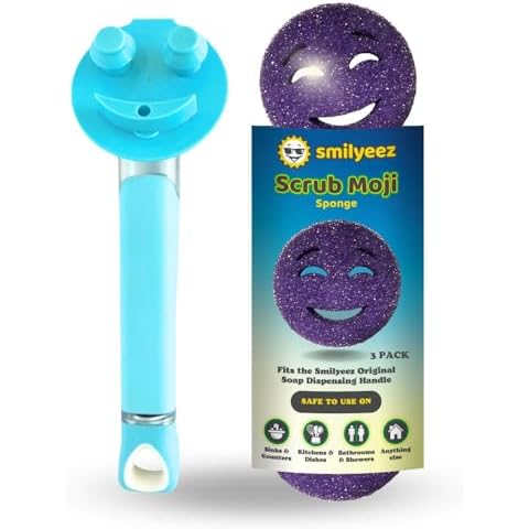 The Original Smiling Sponge Handle Soap Dispensing Handle by Smilyeez for The Smiling Sponge (Light Blue) & 3 Purple Scrub Moji Sponges Cover