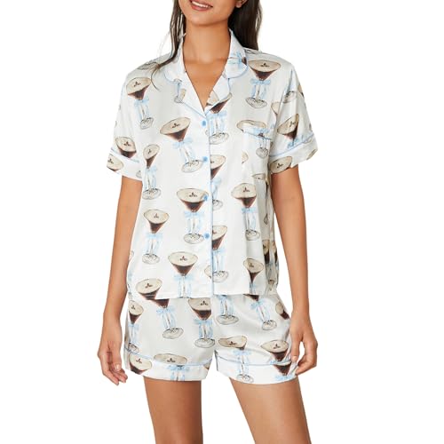 Image of Yiulangde Silk Martini Pajamas for Women Satin 2 Piece Preppy Pjs Cute Cowgirl Boot Short Sleeve Shirt Matching Pj Shorts Set