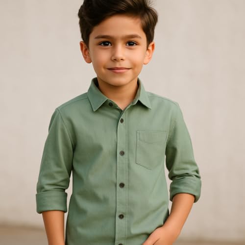 Image of Boys Kids Light Green Cotton Shirt, Long Roll-Up Sleeves, Party, Age 2-10 Years