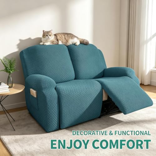 Image of YEMYHOM 6 Pieces Stretch Loveseat Recliner Slipcover Jacquard Recliner Sofa Cover with Side Pocket Fitted Recliner Cover Couch Furniture Protector with Elastic Bottom (Medium, Peacock Blue)