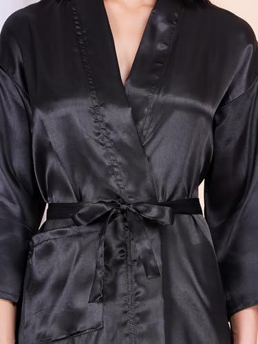 Image of Premium Satin Fullsleeve Bathrobe Solid Print Lightweight & Comfortable Loungewear Robe
