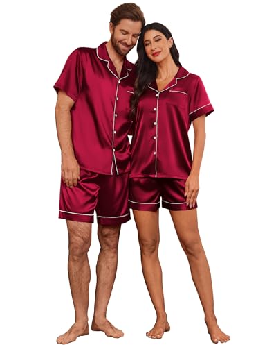 Image of Ekouaer Couple Matching Pajamas Sets Silk Short Sleeve Button Down Sleepwear Satin Pjs Shorts Set Soft Loungewear S-XXL