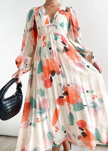 Image of Maxigerui Women's Long Sleeve Floral Maxi Dress 2026 Spring Summer Wedding Guest Dress Red Watercolor S