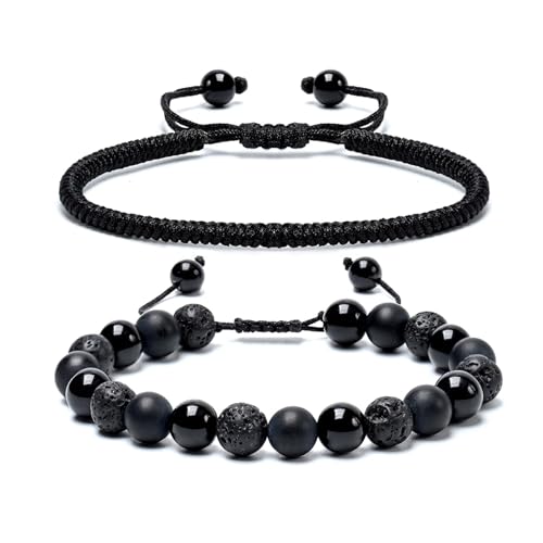 SAMXY Mens Bracelets Beads-8MM Black Onyx Obsidian Lava Stone Beads-2Pcs Handmade Natural Stone Crystal Healing Bracelet-Protection Bracelet for Men