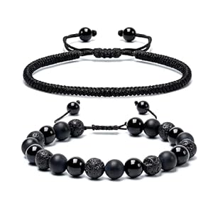 SAMXY Mens Bracelets Beads-8MM Black Onyx Obsidian Lava Stone Beads-2Pcs Handmade Natural Stone Crystal Healing Bracelet-Protection Bracelet for Men