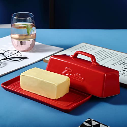 Bruntmor Ceramic Butter Dish With Lid. Butter Holder/Tray/Storage With Lid And Handle. Porcelain Butter Keeper For Countertop. Christmas Butter Dish With Cover In Red Color. #TOP3