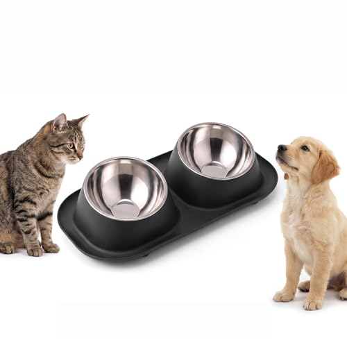 Suhaco Double Dog Bowl Raised Dog Food Bowl Non Slip Stainless Steel Double Bowls with Non-spill for Small Dogs and Cats (Black)