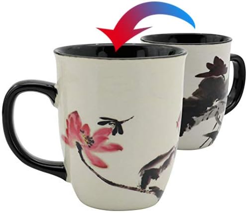 Asmwo Funny Ceramic Magic Heat Color Changing Art Coffee Tea Mug Lotus Printing Porcelain Mugs for Women Personalized White Green Tea Cup 16 oz Large Coffee Mug for Mom Girl Grandma And Man