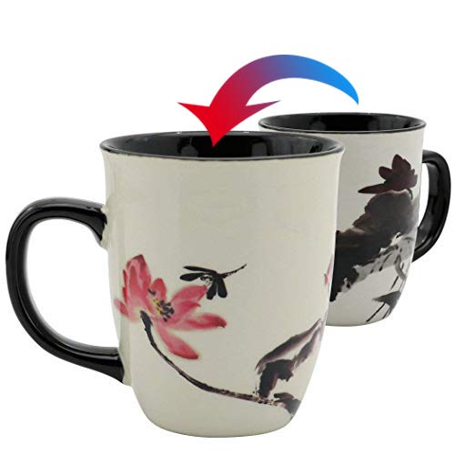 Asmwo Funny Ceramic Magic Heat Color Changing Art Coffee Tea Mug Lotus Printing Porcelain Mugs For Women Personalized White Green Tea Cup 16 Oz Large Coffee Mug For Mom Girl Grandma And Man #TOP25