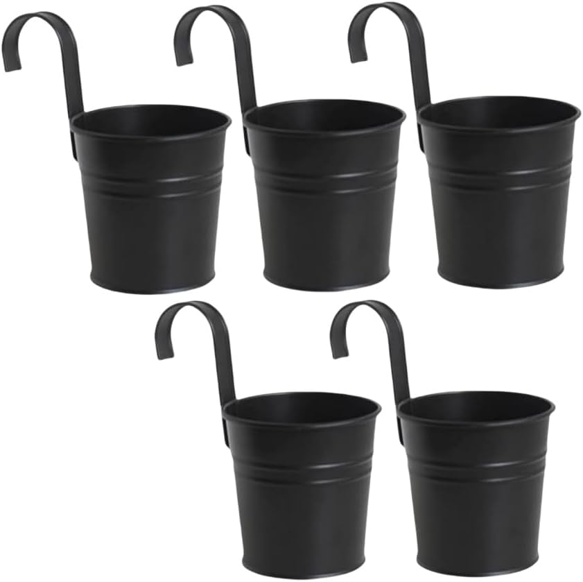 XZJMY 5 Pcs Hanging Flower Pots Metal Iron Bucket Planter Pot Metal Bucket Flower Holder with Hook Indoor Outdoor Decor for Railing Fence Balcony Garden (Black)