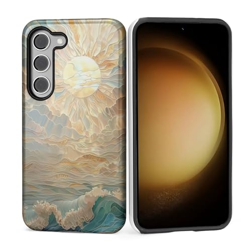 ZHEGAILIAN Case for Samsung Galaxy S23,Shockproof Hard Shell + Soft Silicone 2 in 1 Hybrid,Shockproof Bumper Drop Protective - Ocean Waves Sun Rays Stained Glass