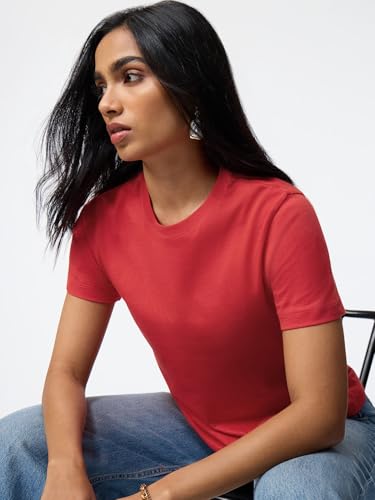 Image of The Souled Store Casual Classics: Women and Girls Short Sleeves Spread Collar Solid Cotton Regular Fit Breathable Lightweight Trendy Everyday T-Shirt