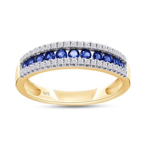 SAVEARTH DIAMONDS Round Cut Simulated Blue Sapphire And Cubic Zirconia Channel Set Engagement Wedding Band Ring In 14k Gold Over Sterling Silver Jewelry For Women Gifts For Her