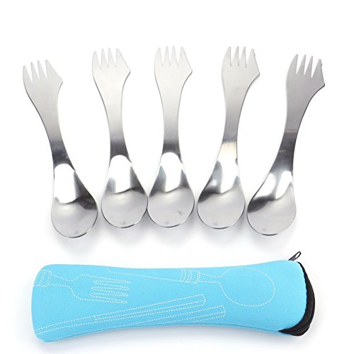 Tebery 5 Pack Extra Strong Stainless Steel Sporks with Blue Case, Spoon, Fork & Knife Combo Utensil Excellent for Outdoor Activities