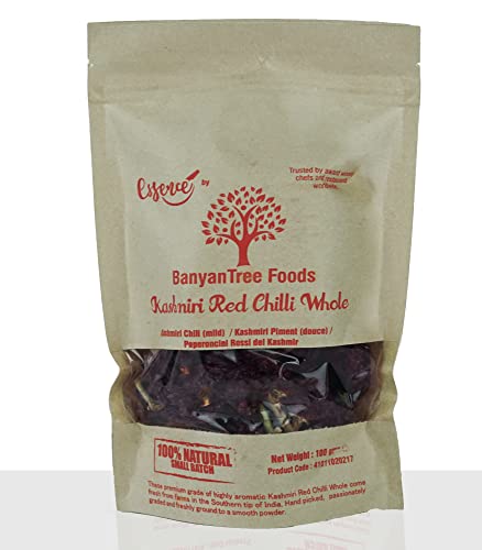 BanyanTree Foods Kashmiri Red Chilli Whole 100g ~ All Natural, Indian Origin