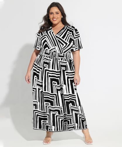 Image of CARCOS Plus Size Dresses for Curvy Women V Neck Summer Maxi Dress Short Sleeve Floral Boho Dress Smocked Waist Beach Dress