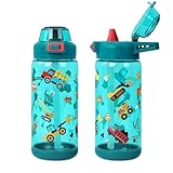 Trinkflasche Kinder, 600ml Kindertrinkflasche mit Strohhalm und Tragegriff, Auslaufsicher Wasserflasche Kinder für Mädchen und Jungen,Geeignet für Personen ab Drei Jahren(Grünes Baufahrzeug)