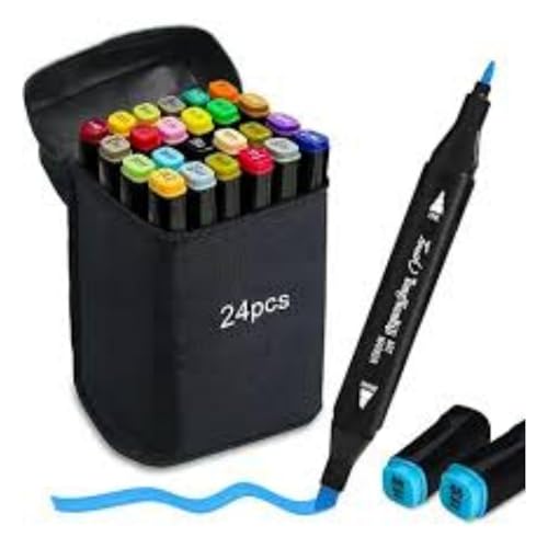 Canetinha Ponta Dupla para Colorir Kit Estojo de Canetas Escolar Marcador Coloridas Permanente Duas Pontas (24 Cores -SEVEN-