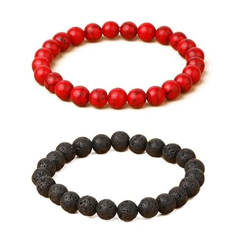 OAIITE 2Pcs 8mm Natural Red Turquoises Semi-Precious Gemstones Bracelet Elastic Natural Stone Yoga Healing Crystals Beads Bracelet Bangle Set Cover