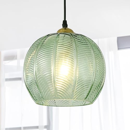 TESTOYS Green Glass Pendant Light, Single Large Globe Pendant Lighting 9.8-Inch Nordic Ribbed Ceiling Hanging Modern Ball Chandelier Light Fixture for Kitchen Island, Dining Living Room, Bedroom
