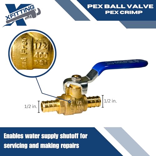2 Pieces XFITTING 1/2\" Pex Ball Valve with Hot and Cold Handle, 1 Hot/Red, 1 Cold/Blue
