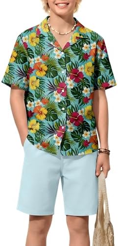 Xaatren Boys 2 Piece Summer Hawaiian Outfits, 2-Color, 5-6 Years