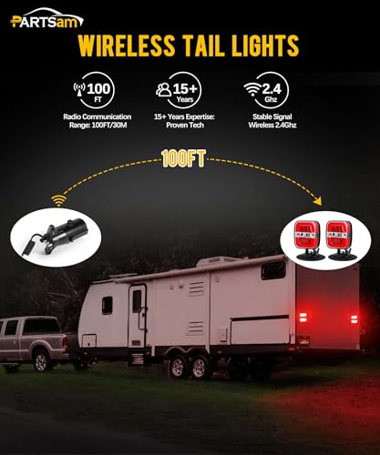 Image of Partsam Wireless Trailer Light Kit, Portable Magnetic LED Tow Lamp, Stop Brake Turn Reverse Towing Tail Lights w /Metal Base Suction Cup 7-Pin Plug for Trucks Trailers 12-24V IP67 Waterproof