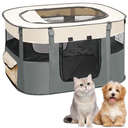Recinto per Animali Pieghevole - Box per Cani e Gatti da Interno, Grigio 70 x 55 x 40 cm, Traspirante e Portatile - per Cuccioli, Gatti, Conigli