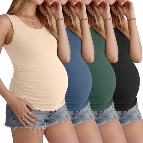 Image of Ficerd 4 Pack Women's Maternity Tank Tops Sleeveless Side Ruched Top Crew Neck Casual Pregnancy T-Shirts Summer Basic