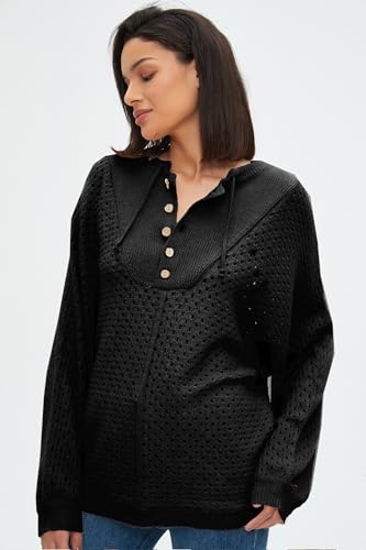 Image of EZAPINE Women's Oversized Crochet Sweater Pullover Drawstring Long Sleeve Button Hollow Out Knit Crochet Top Blouses