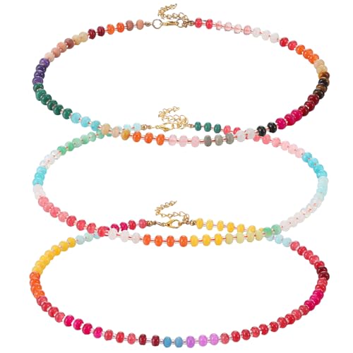 3 Pcs Boho Bead Chokers - Colorful Rainbow Beaded Gemstone Necklaces for Women Natural Stone Necklaces for Summer Beach Jewelry Gift