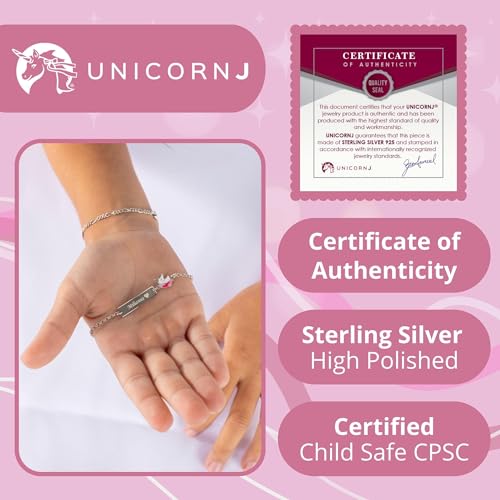 Image of UNICORNJ Sterling Silver 925 Engravable ID Bracelet Rolo Chain for Girls Heart with Pink Enamel 6.5 inch