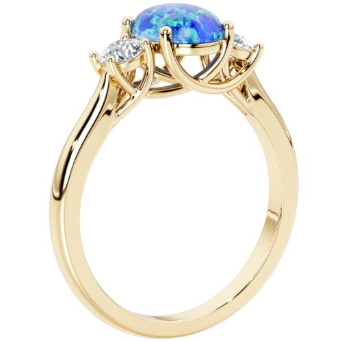PEORA 3-Stone Oval Shape Created Blue Opal and Lab Grown Diamond Trellis Ring 14K White or Yellow Gold, 1.30 Carats total, Sizes 4 to 103