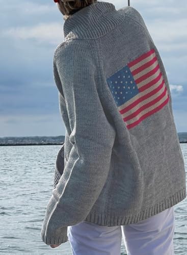 Image of Women American Flag Cardigan Sweaters Y2k Long Sleeve Open Front Button Down Cardigans USA Flag Knitwear