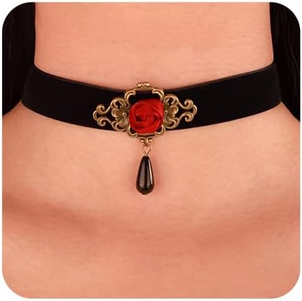 Chargances Collar gótico de flor de rosa roja, gargantilla de terciopelo negro, collar con colgante de cristal imperio, collar de Halloween,