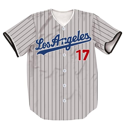HOPSHION 17 Stripes Baseball Jersey Short Sleeve Button Shirts Gifts for Fans HF024-Grey-L